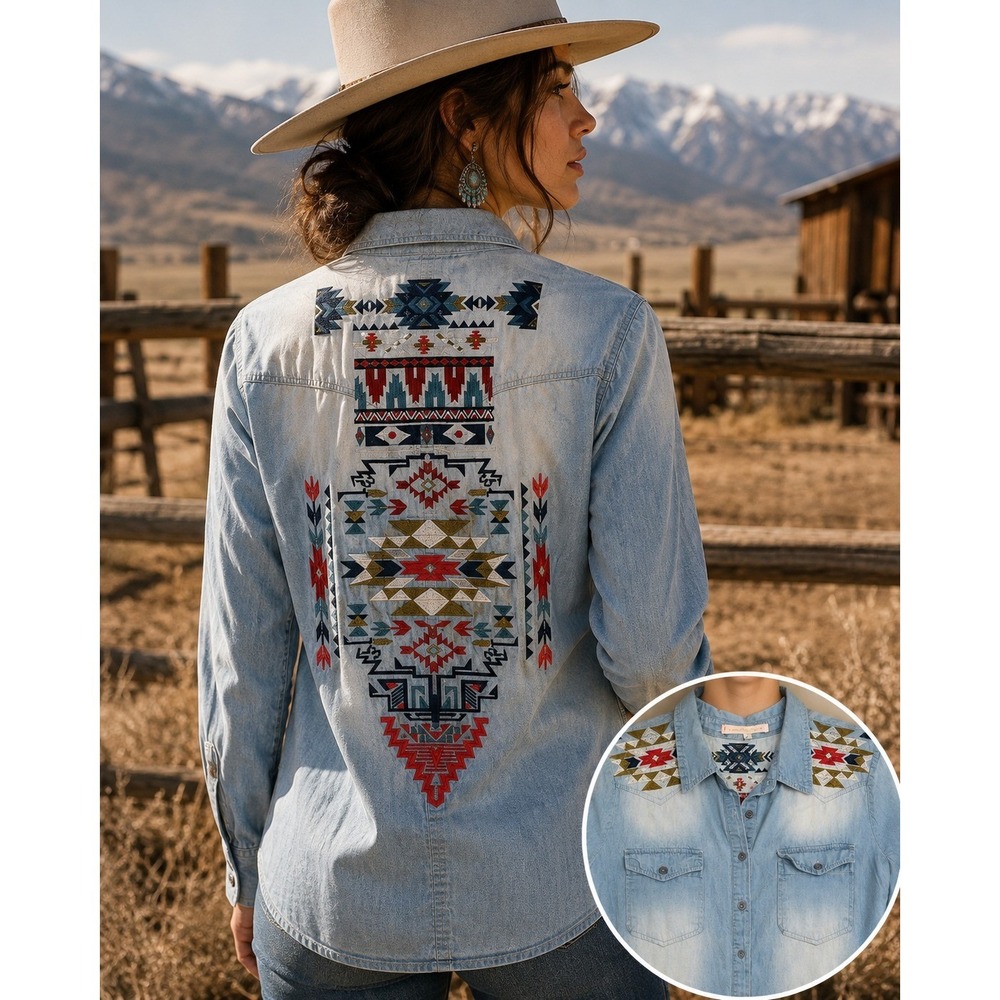 Madeline Sparklestein Chambray Shirt Women S Blue Western Embroidered Aztec